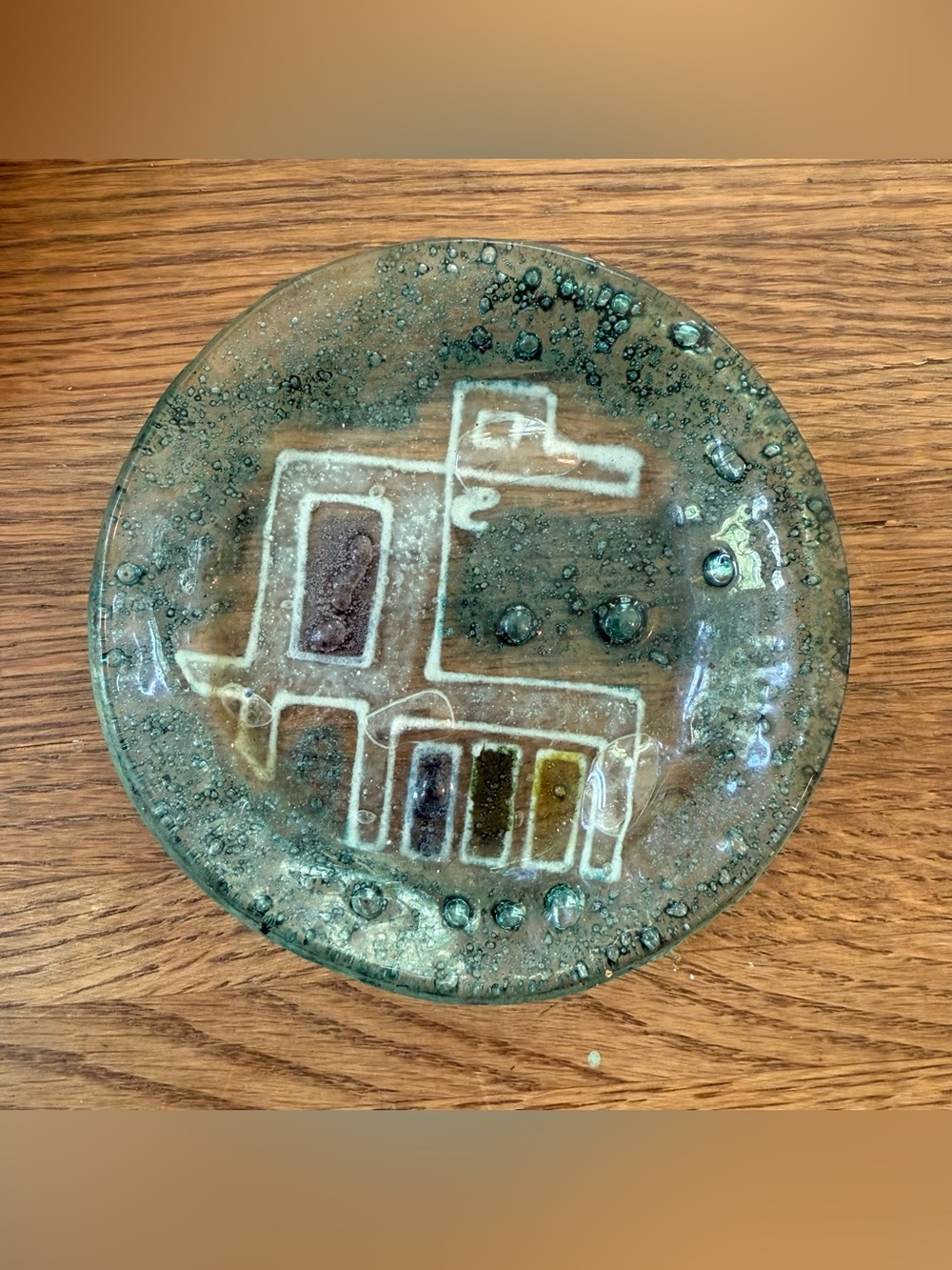Fused Glass Trinket Dish Art Bubble Glass Decorative Turquoise Adobe Motif